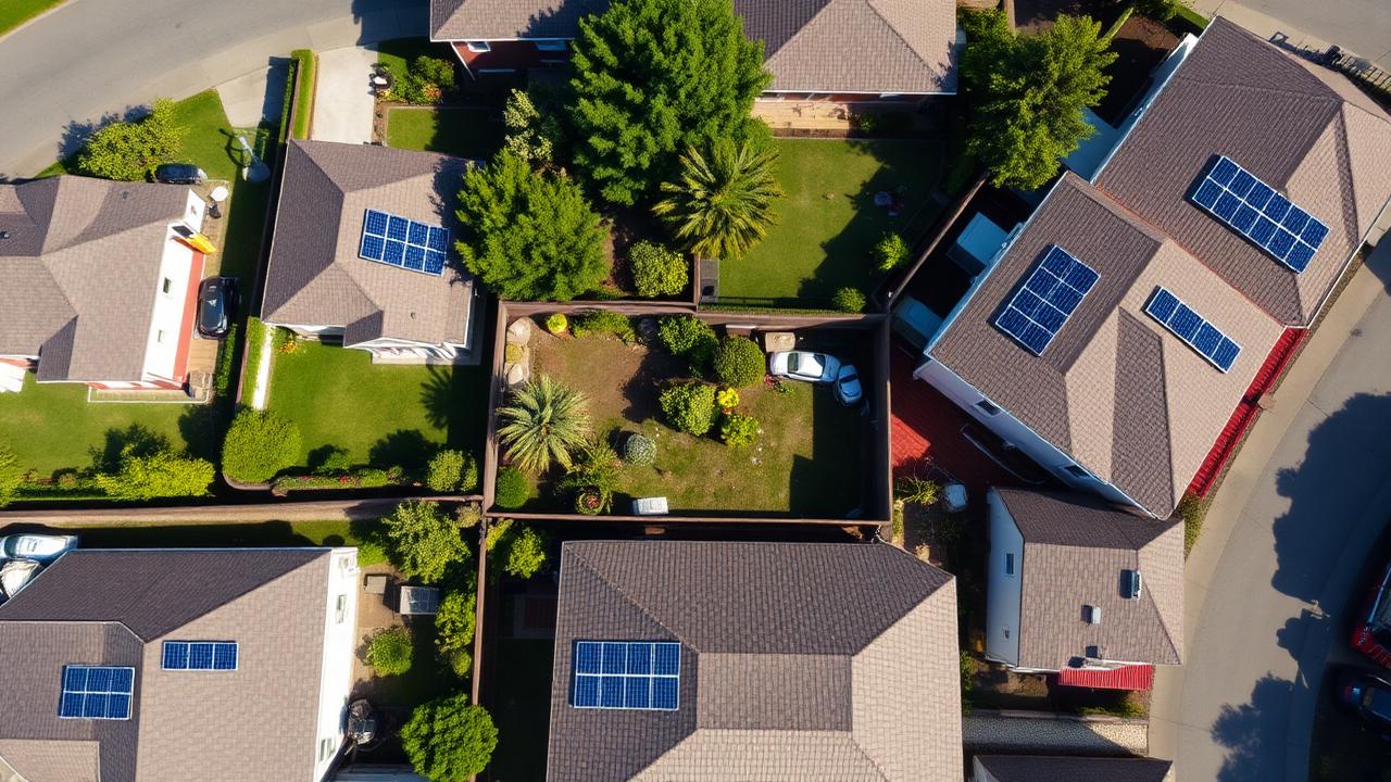 Luftaufnahme eines Wohngebiets mit verschiedenen Dachausrichtungen und Solaranlagen