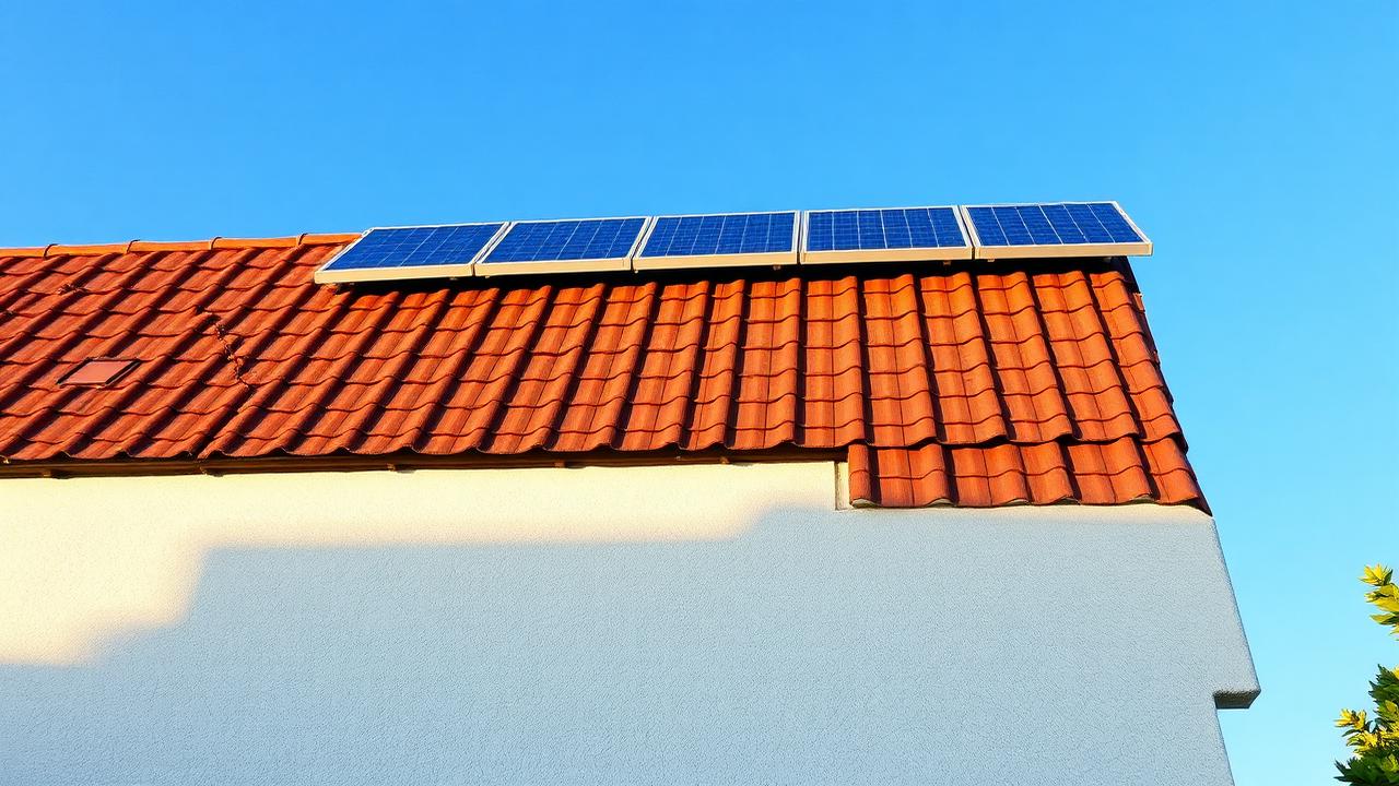 Dach mit einer Reihe Photovoltaikmodule unter blauem Himmel
