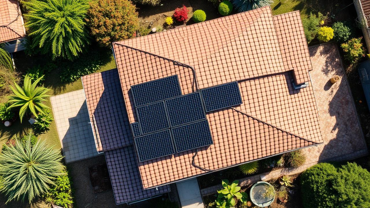 Luftaufnahme eines Hauses mit Photovoltaikanlage